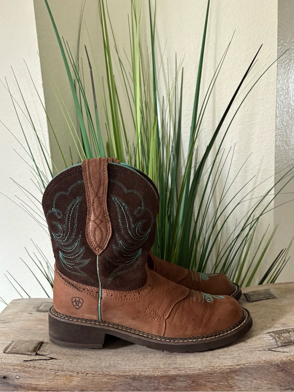 Ariat Fatbaby Brown and Dark Brown Western Ankle Boots with Teal Embroidery